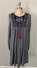 Suzanne Betro Embroidered Bib Boho Tie Neck Shift Dress Gray Size Large NWT!