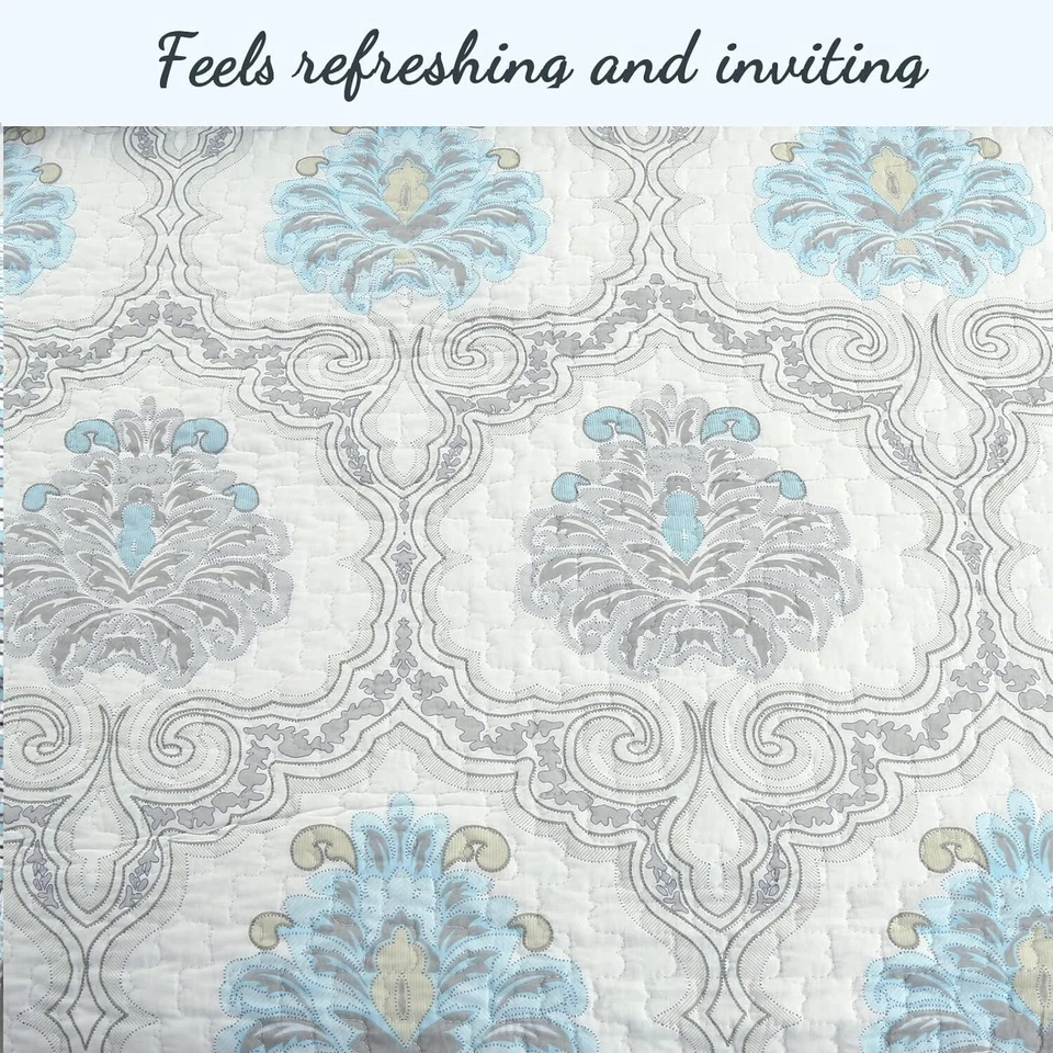 MEDALLÓN FLORAL AZUL 3 piezas King JUEGO DE EDREDÓN: ACOGEDOR ALGODÓN GRIS CABAÑA CHIC GRIS Foto 4 de 4