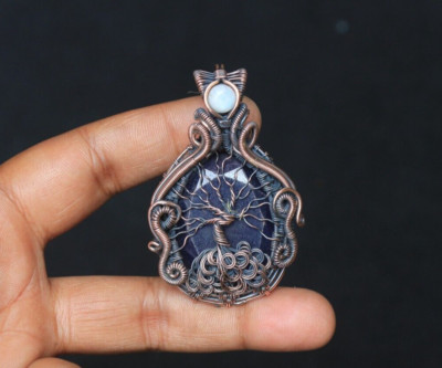 Tree Of Life Blue Sapphire Gemstone Copper Wire Wrap Pendant Jewelry Gift N526