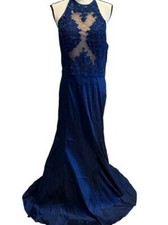 Xscape Navy Blue Beaded Embroidered Illusion Satin Crepe Gown Size 14 $359