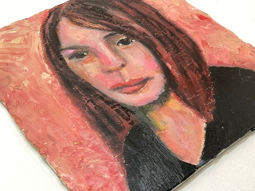 Original Expressive Oil Portrait Painting 6x6 Woman Pink Portrait Art Miz Katie - Picture 4 of 14