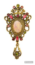 SARAH COVENTRY VTG Early FAUX Pink FIRE OPAL Dangle BROOCH / Necklace Pendant