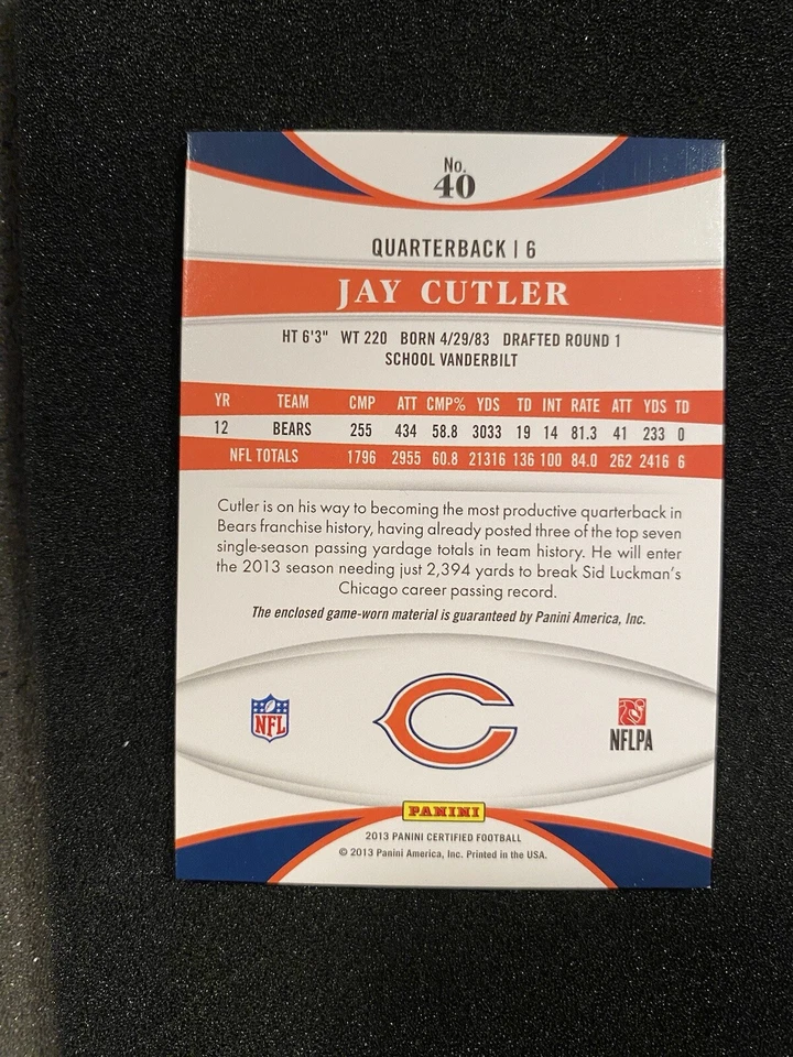 2013 Certified Game Worn Material Mirror Blue Jay Cutler 89/99 #40 - Image 2 of 2