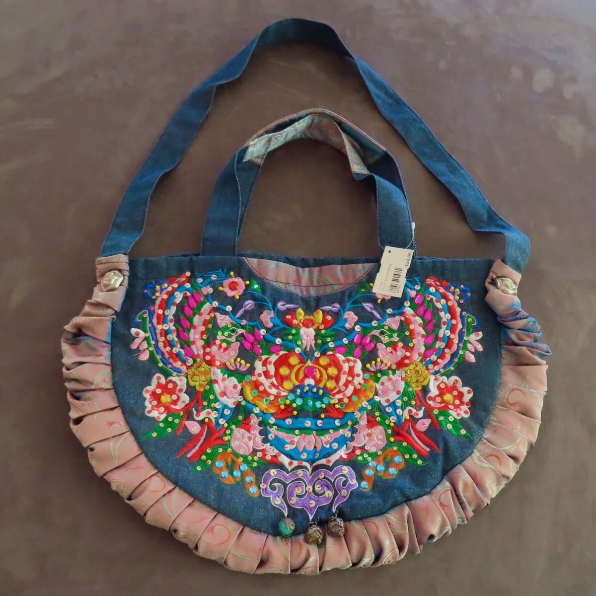 Womens Tote Bag Blue Denim Embroidered Floral Beaded Boho  display picture 2