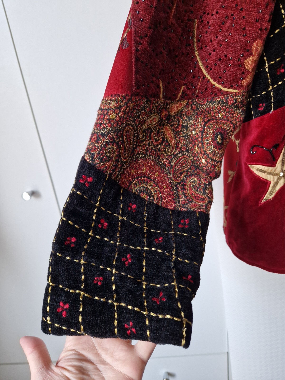 Indigo Moon Red Velvet Patchwork Jacket Size L Sa… - image 4