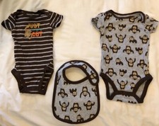 Carters Baby Boys 2 One Pieces Bib Size 6M - Just One Year-Monkey - Lot of 3