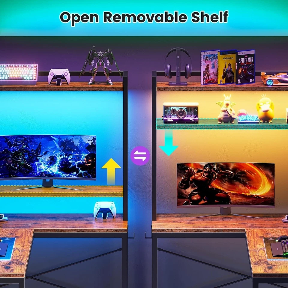 L Shaped Desk with Hutch, LED Light &Storage Shelves Reversible Home Office Desk - Image 4 of 4