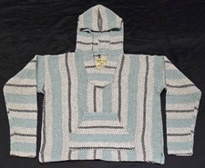 BAJA JOE Baja Hoodie Unisex Sz S Teal Blue Multicolor Striped Drug Rug Mexico