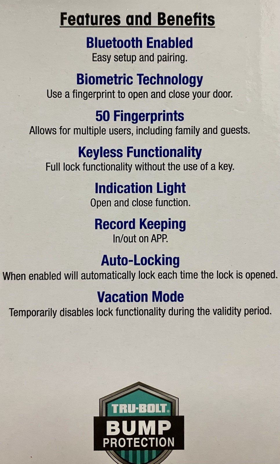 Tru-Bolt LUNA Bluetooth Biometric Deadbolt Fingerprint Control w/2 Keys Black