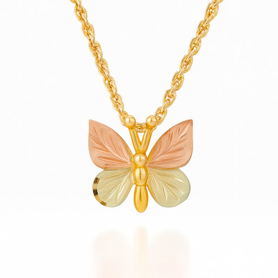 Black Hills Gold Schmetterling Anhänger Halskette 10K Gelbgold dreifarbige Blätter