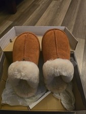 BEARPAW Women's Brown Suede Shearling Slip-On Slippers Fur Lined Size 7