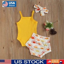 Newborn Baby Girls Outfit Summer Clothes Sleeveless Romper Shorts Headband Set