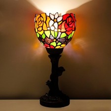 Small Tiffany Lamp Mini Stained Glass Table Lamp Red Rose Accent 13.5 In Bronze