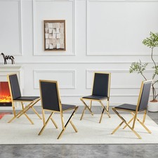 Set of 4 Black and Gold Metal Frame PU Leather Dining Chairs, Ergonomic Modern