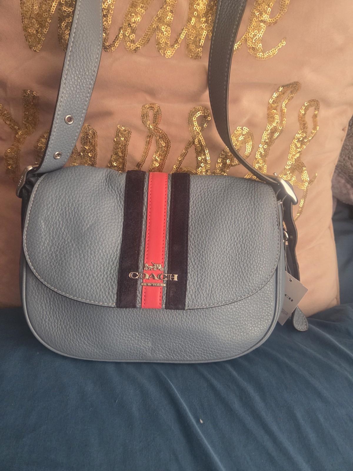 Coach Macie Indigo Multi Striped Shoulder Bag with Logo & Stripe Accents