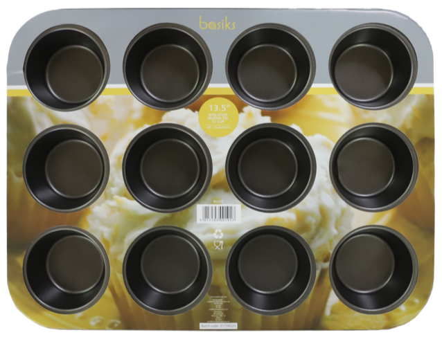 basiks 12 Cup Muffin Pan Non-Stick Steel Cake Baking Kitchen Oven Tin Tray 13.5""