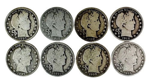 Mixed US Barber Silver Half Dollars G- VG Better Dates P D S O Mint Marks (8pc)