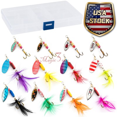 12pcs Fishing Rooster Tail Spinner Lures Kit Crankbait Spoon Bass Trout  Walleye | eBay