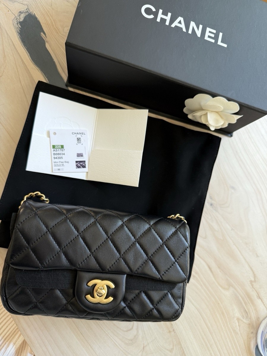 CHANEL 22S Black Mini Rectangle Pearl Crush Braid Gold Ball Flap