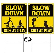 Double Sided Street Slow Down Caution Kids and Pets at Play Sign, 15.5"x13"