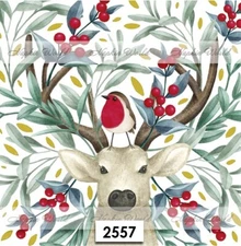 (2557) TWO Paper LUNCHEON Decoupage Art Craft Napkins  DEER FOLIAGE BIRD BERRIES