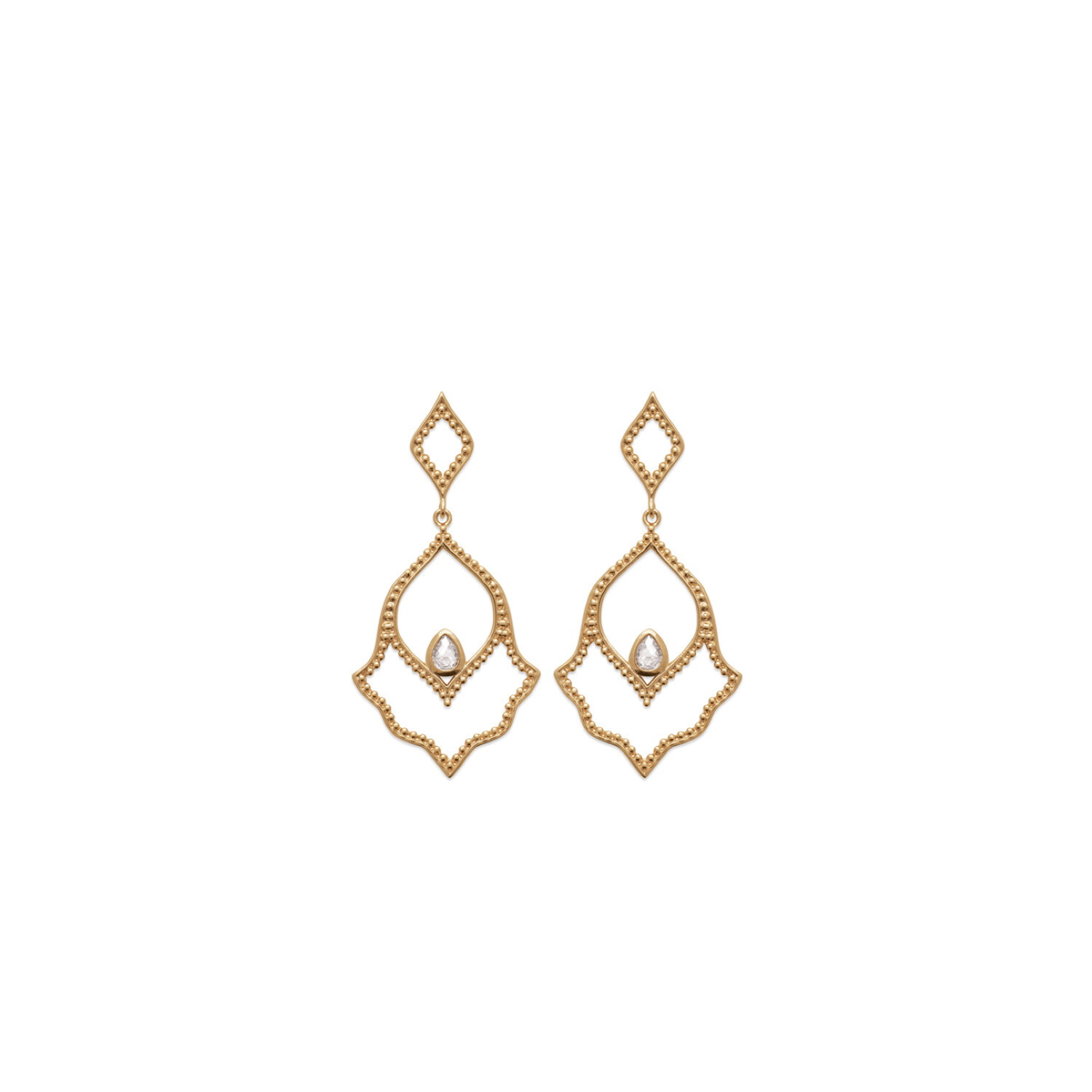 Boucles d'oreilles pendantes arabesque zirconium plaqué or 750/000 pour femme élégante