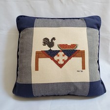 Vintage Chicken Rooster Throw Pillow Navy Blue Cross Stitch Country Farmhouse