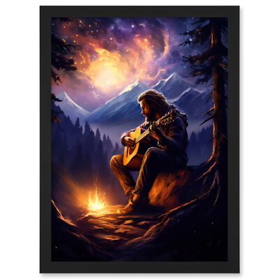 Playing Guitar By A Campfire Mountain Forest Landscape Framed Wall Art Print A3