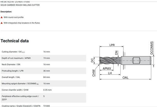 CERATIZIT WNT SOLID CARBIDE ROUGHING END MILL HR.SR.16,0.45°Z5.HB.K TI1000 1 pcs - Picture 5 of 5