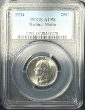 1934-P ** Washington Quarter 25c ** Lema mediano ** PCGS AU58 ** Brillante **