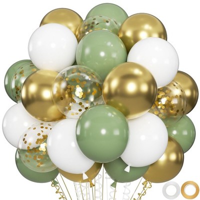 100 Globos Verde Salvia Dorado Blanco Confeti Decoracion Para Cumpleaños De Niño