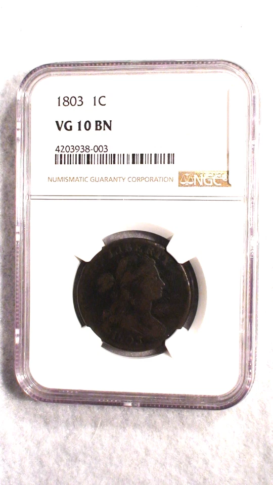 Moneda de 1 centavo grande busto drapeado 1803 NGC VG10 BN ¡PRECIO DE VENTA!