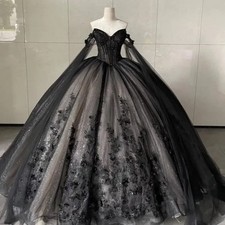 Customized Black Lace Appliqued Princess Quinceanera Dress With Caped Sweet 16 