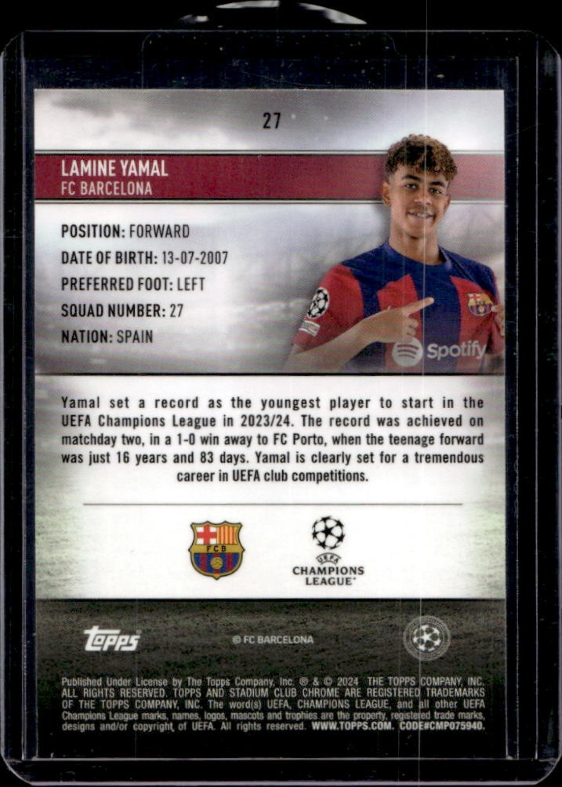 2023-24 Topps Stadium Club Chrome UEFA Lamine Yamal RC Rookie #27 Barcelona view 2
