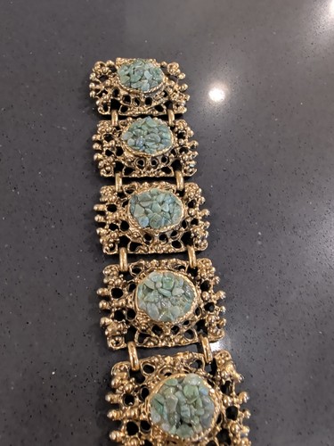 Vintage Heavy Chunky Gold Tone Metal Link Panel Bracelet Pieces Faux Jade Q62 - Afbeelding 4 van 8