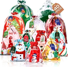 40Pcs Christmas Drawstring Gift Bags with Tags & Ribbon Ties Assorted Sizes Larg