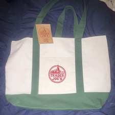 Trader Joe's Foldable Canvas Reusable Tote Bag White Green Solid