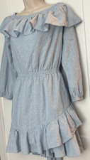 Michael Kors Dress XL Sky Blue Eyelet Off Shoulder Ruffles Lined 100% Cotton