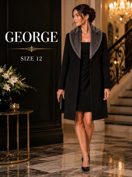 George Evening Brown Coat with Faux Fur Collar Size 12