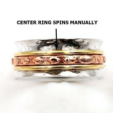 Three Tone Meditation Spinner 925 Sterling Silver Band Ring Sz 9,