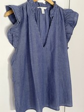 BNWOT H&M frill trimmed pure cotton blouse blue white stripe M Medium 1280449007