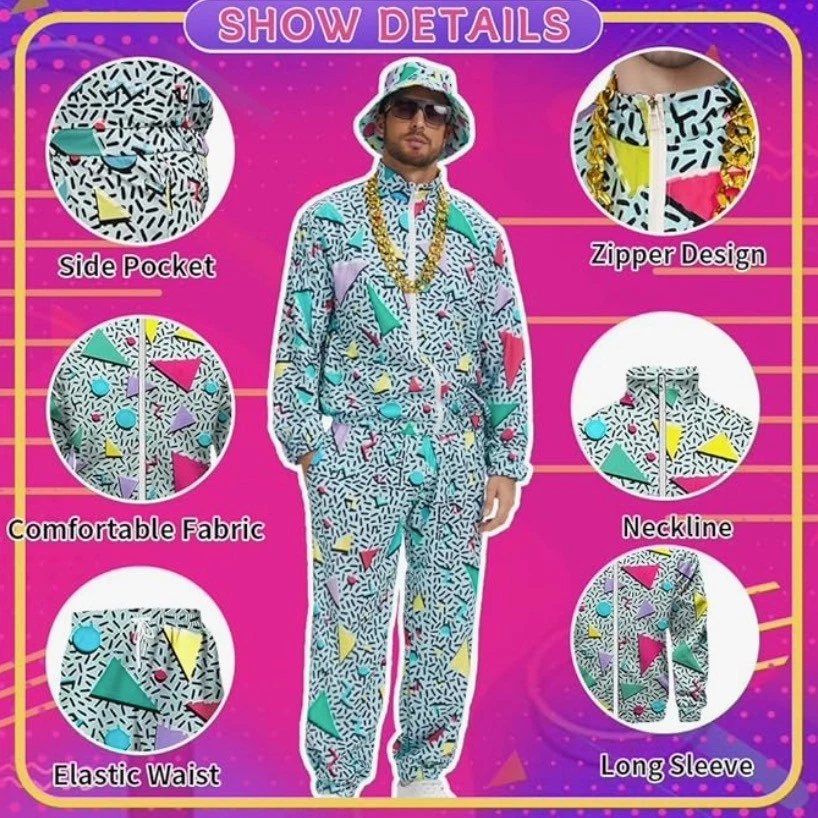 9 Piezas Para Hombres Años 80 90 De Lujo Disfraz M Chándal Para Hombres Boom Box Teléfono Joyería Sombrero Foto 4 de 4