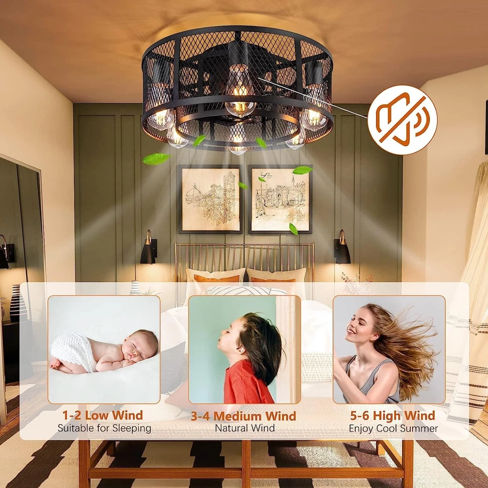 Cage Ceiling Fan with Light - 21'' Farmhouse Flush Mount Ceiling Fan Remote C... - Image 4 of 4