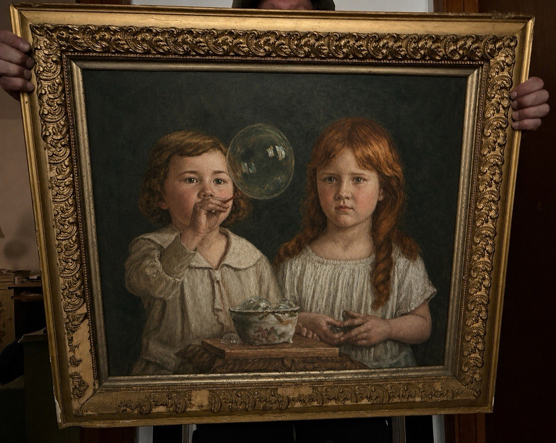 Framed Realism Portrait Painting Two Girls Blowing Soap Bubbles Ornate Frame