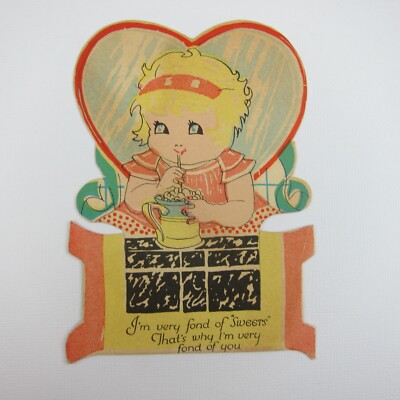 Vintage Valentine Die cut Blonde Girl Sipping on Cream Soda Fond of Sweets & You