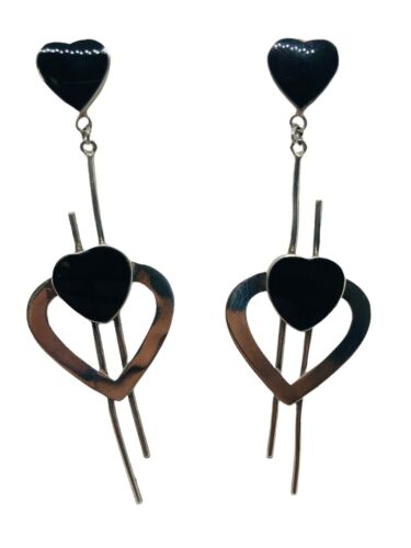 Large Heart Black Onyx Vintage 925 Sterling Silver Dangle Drop Earrings