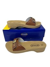 Women's Dr Scholl's Tracy Tan Leather and Faux Wood Sandals Size 9 Buckle EUC