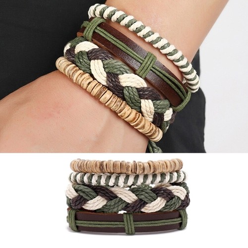 Vintage Bohemian Beaded Bracelet for Men Hand Woven Leather Multilayer Handchain
