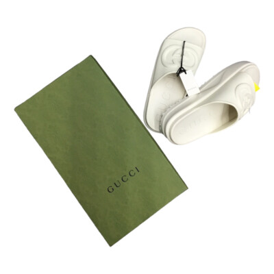 GUCCI Slide Slip On Sandals White Cream Ivory Sz 41 Logo Y2k
