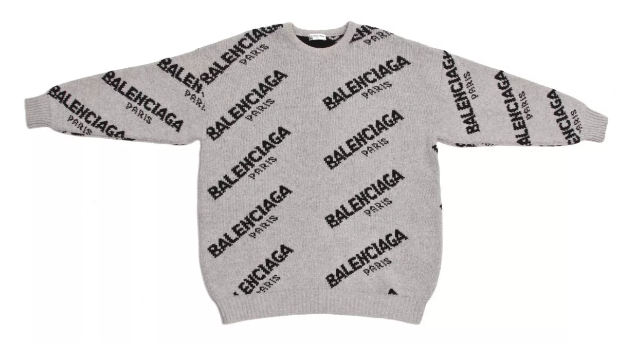 Kære Pigment termometer Balenciaga Jacquard Allover Logo Oversized Crew Neck Sweater FR 38 - US  Medium | eBay